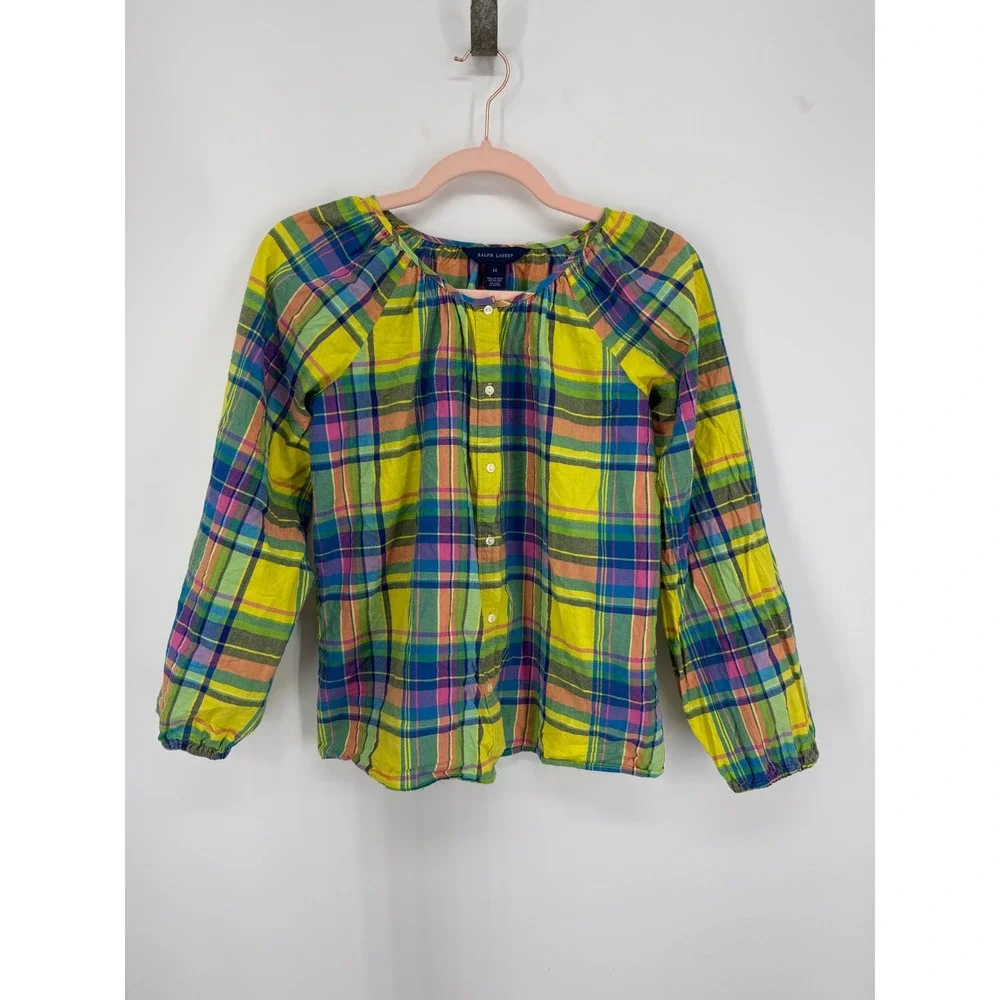 Ralph Lauren Blouse Kids Size 14 Yellow Multi Plaid Madras Long Sleeve Button Up